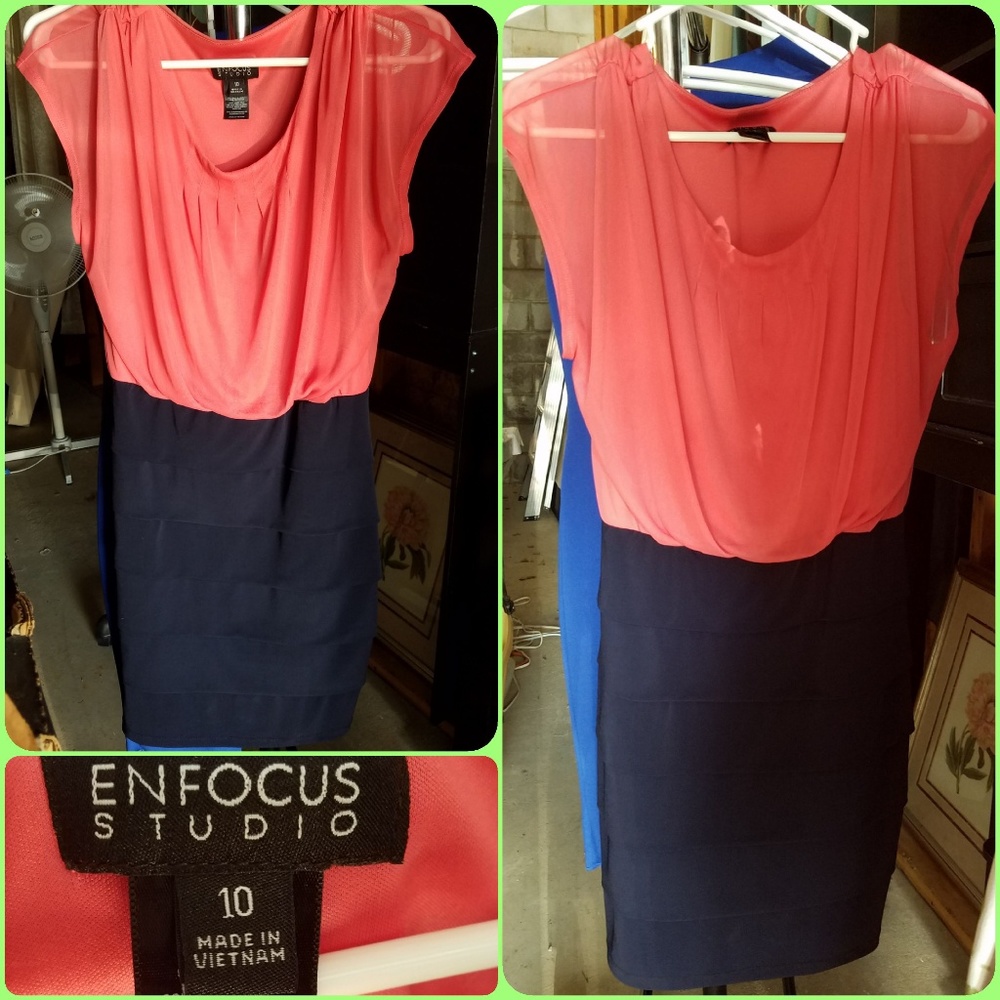 Coral and navy cocktail dress